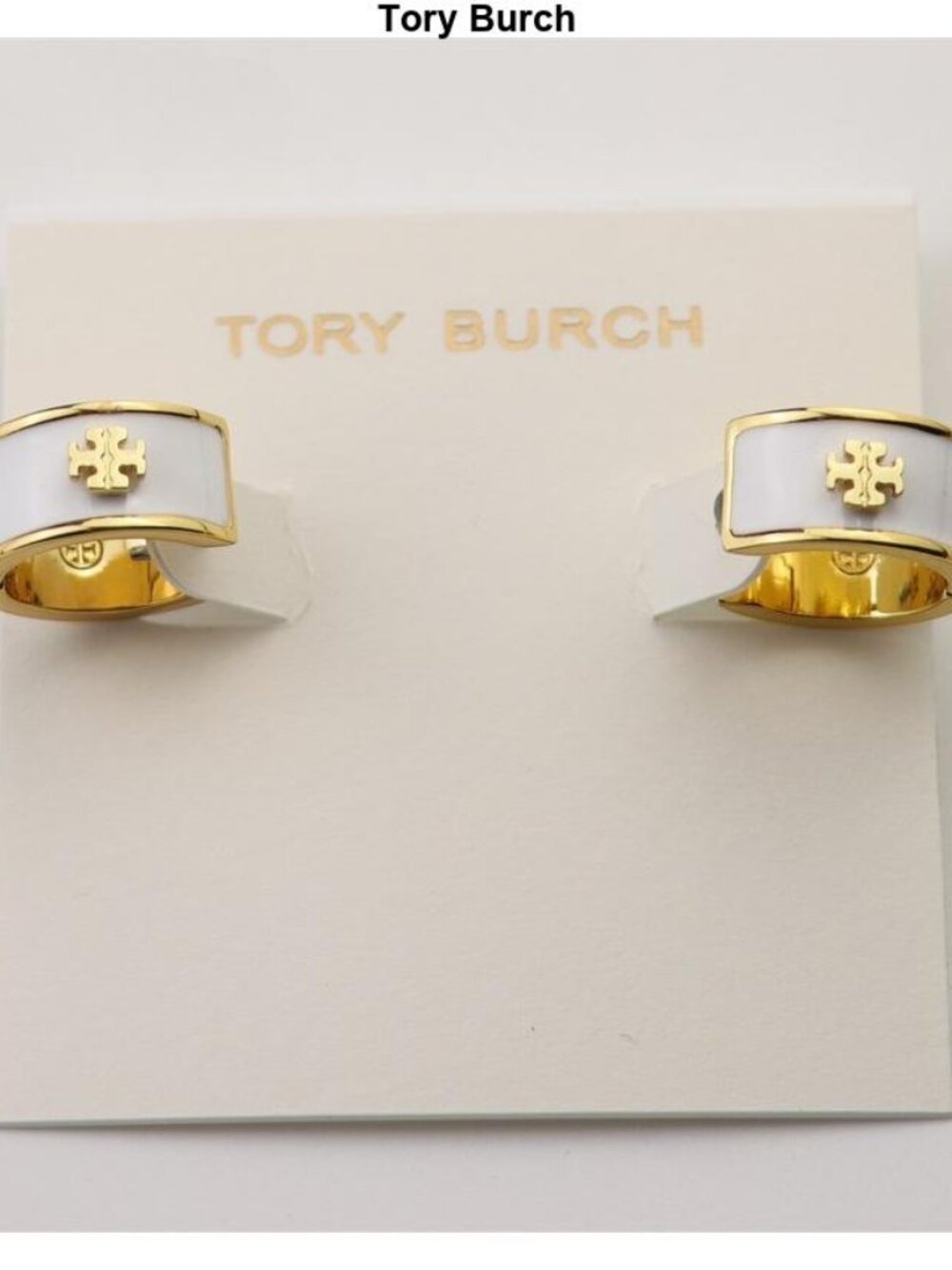 Tory Burch White Enamel and Gold Logo Cuff Hoop Earrings